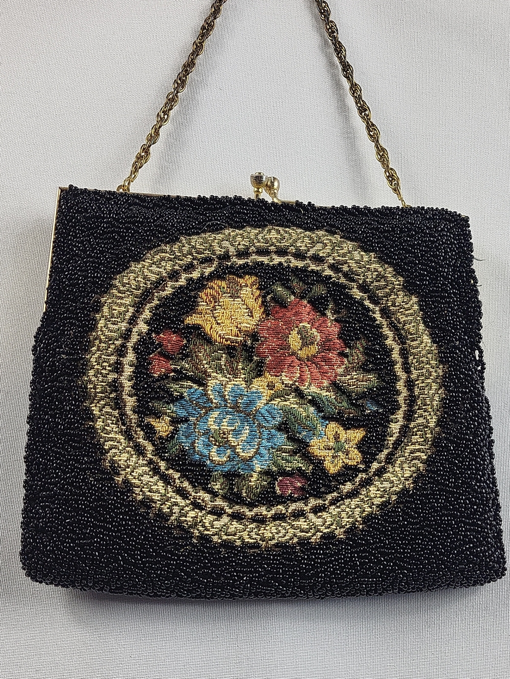 Vintage Black Beaded Petit Point Floral Medallion Evening Bag